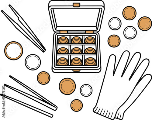 coin storage box, tweezers, gloves, and loose coins