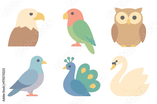 Flat style bird icons: eagle, parrot, owl, pigeon, peacock, swan