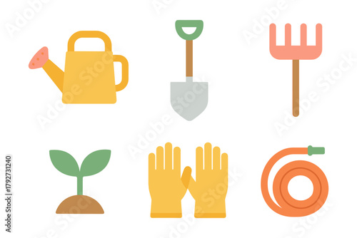 Flat gardening tool icons: watering can, shovel, rake, seedling, gloves, hose