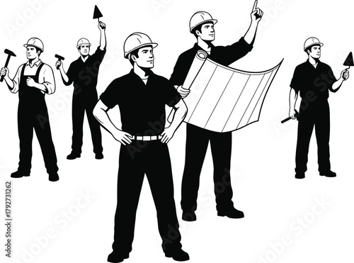 Silhouette of construction workers with tools and blueprints, safety helmets and uniforms, teamwork in action, black and white illustration, industrial labor, site coordination