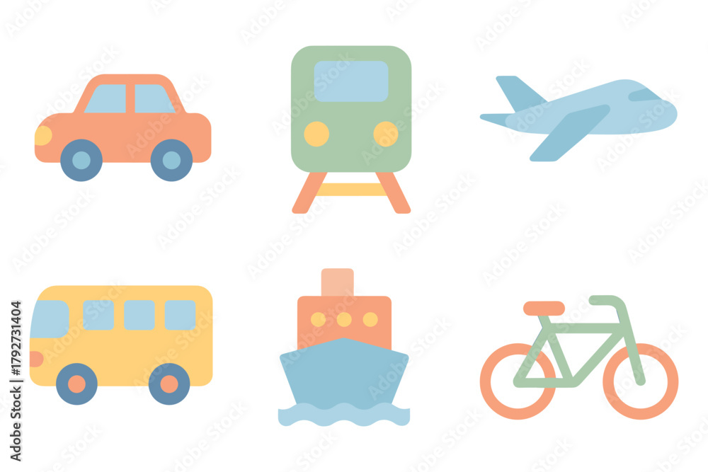 Naklejka premium Pastel transportation icons collection: car, train, airplane, bus, ship, bicycle