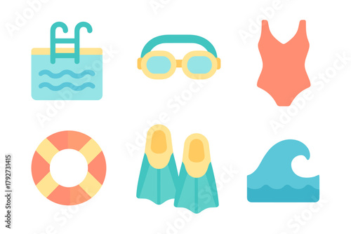 Set of flat colorful swimming and beach activity icons including pool, goggles, swimsuit, lifebuoy, flippers, and sea wave. Summer vacation and water sports concept.