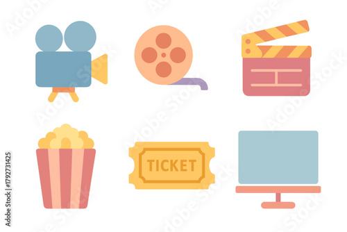 Set of flat colorful cinema and movie icons including video camera, film reel, clapperboard, popcorn, ticket, and monitor screen.