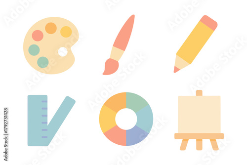 Art supplies set: pastel icons of palette, brush, pencil, easel