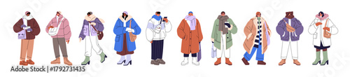 Set of people wearing winter clothes. Diverse men and women are in outerwear: coats, hats, scarves, mittens. Outfits for cold weather, frost. Flat isolated vector illustrations on white background.