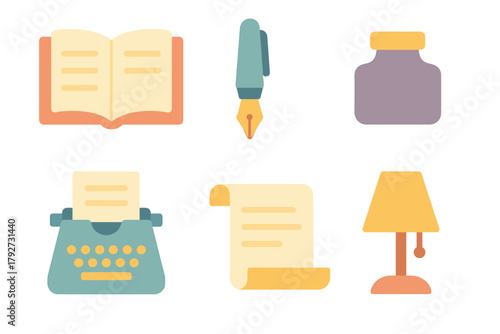 Set of flat colorful writing and literature icons including open book, fountain pen, ink bottle, typewriter, paper scroll, and desk lamp. Flat vector illustration on white background.