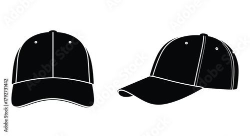 Two black baseball caps depicted in a simple clean vector style illustration