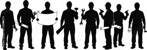 Silhouette of construction workers with tools and blueprints, safety helmets, teamwork in engineering roles, black and white illustration, industrial labor, site coordination