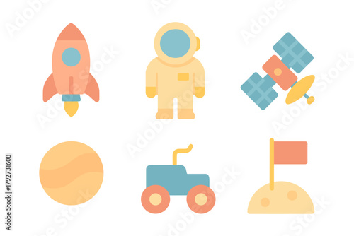 Flat space icons set featuring rocket, astronaut, satellite, planet, rover, flag
