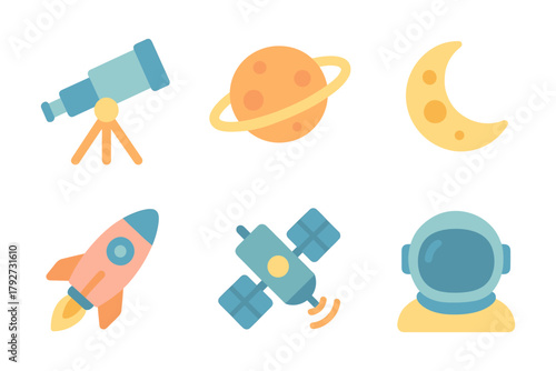 Space exploration icons: telescope, rocket, planet, moon, satellite, astronaut in flat design