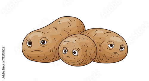 Three sad cartoon potatoes are illustrated with distinct facial expressions and varying shapes, isolated on a clean white background.