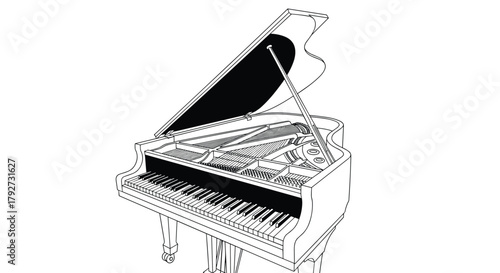 An intricate black and white line drawing illustrates a classic grand piano with its lid open, revealing the detailed interior strings and keyboard.