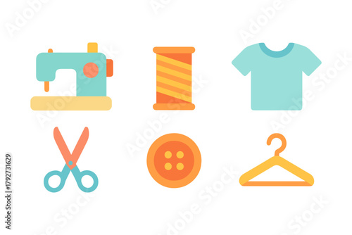 Sewing and tailoring icons set featuring machine, scissors, thread, and garment elements