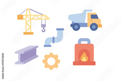 Flat construction icons featuring crane, truck, and industrial elements