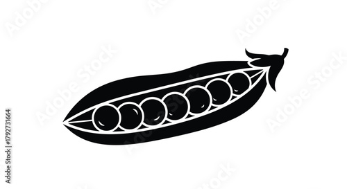 A black and white silhouette illustration of an opened pea pod, revealing several round peas lined up inside, representing fresh green vegetables.