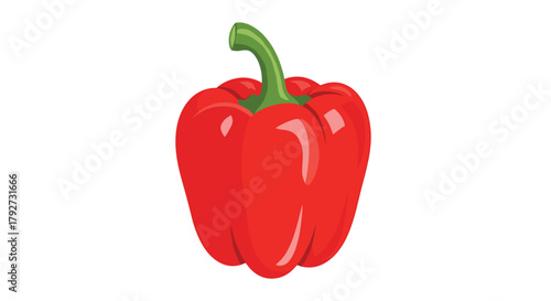 A vibrant red bell pepper, often used in cooking and salads, stands upright with a green stem, presented on a clean white background.