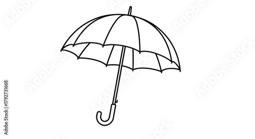 An open umbrella illustration in black and white line art, suitable for weather-related designs or rainy day concepts.