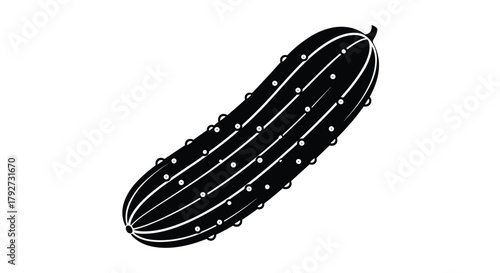 A simple black and white graphic illustration of a fresh, healthy cucumber, featuring minimalist lines and dots on its textured skin.
