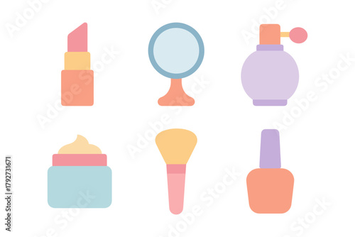Flat design beauty icons: makeup essentials and cosmetic tools collection