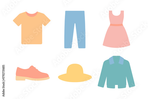 Minimalist flat style fashion icons: clothing and accessories collection