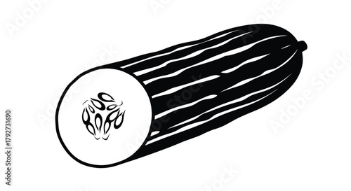 A detailed black and white illustration of a fresh cucumber, sliced to reveal its seeds and characteristic ribbed texture.