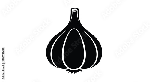 A simple and modern black and white graphic icon of a whole garlic bulb, featuring its distinct cloves and root base, perfect for culinary and food-related designs.