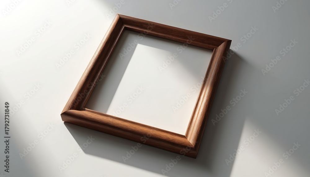 Fototapeta premium Angled wooden frame rests on bright surface. Interior design element art. Rustic photo frame displays memories. Blank space for personalization, branding. Empty space suits family pic. Mockup