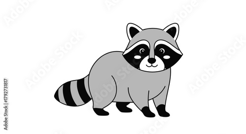 A cute cartoon raccoon with grey fur and a striped tail stands on a white background, looking forward with a friendly expression.