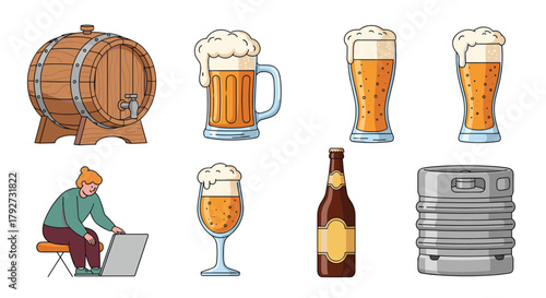 Set of illustrations depicting various beer products such as barrels, mugs, bottles, and kegs, accompanied by a person using a laptop.