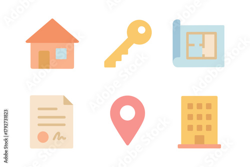 Flat design real estate icons: house, key, blueprints, document, location, building