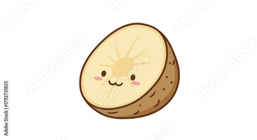 Cute cartoon potato half with a happy smiling face and rosy cheeks, showing its starchy interior, drawn cheerfully and isolated on white.