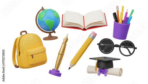 Vector illustration of school and education supplies arranged on a transparent background on a transparent background