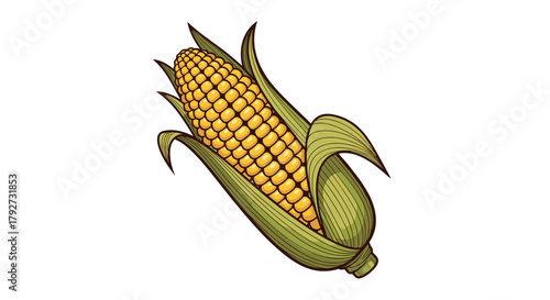 A detailed illustration of a ripe ear of yellow corn with its green husks partially peeled back, rendered in a vintage engraving style.