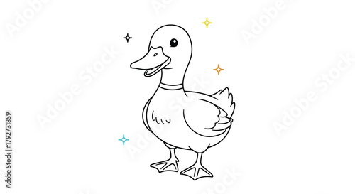 A charming cartoon duck stands smiling in a simple line art drawing with subtle colorful sparkles, ready for coloring or digital design.