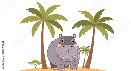 Adorable cartoon hippo with a cheerful face, standing amidst tropical palm trees and desert flora on a sandy landscape.