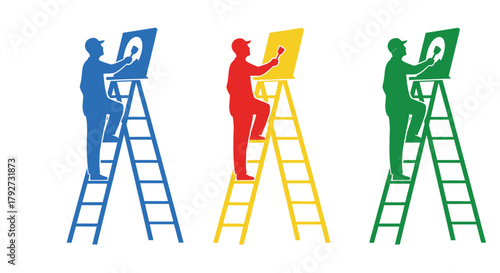 Three artists on ladders painting canvases in vibrant primary colors