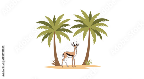 A graceful gazelle stands elegantly between two tall palm trees in a serene desert oasis, showcasing the beauty of nature.