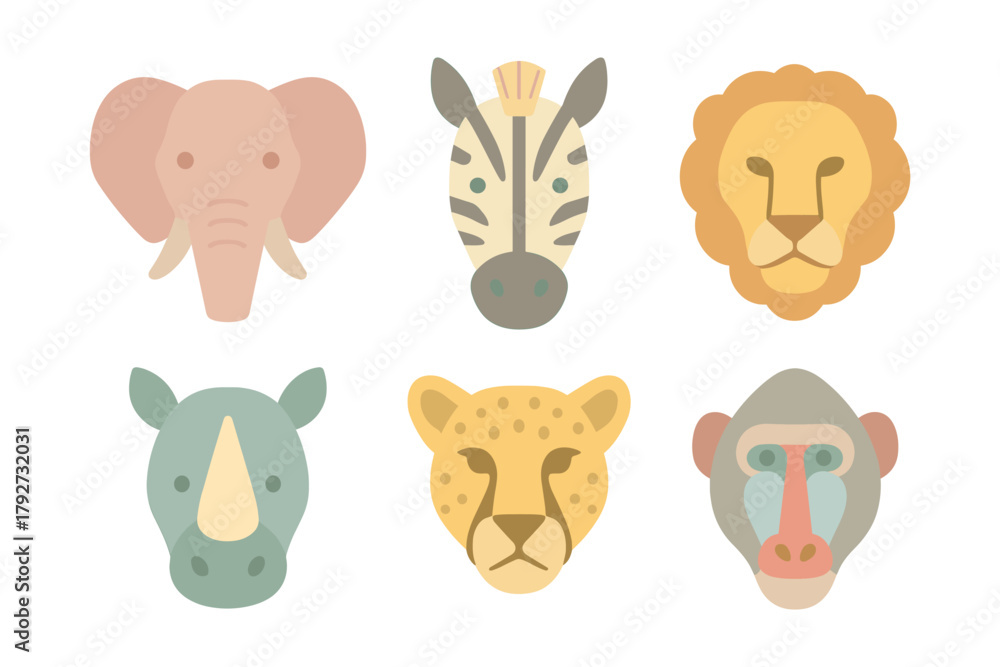 Fototapeta premium Colorful flat animal faces including elephant, zebra, lion, rhino, cheetah, monkey