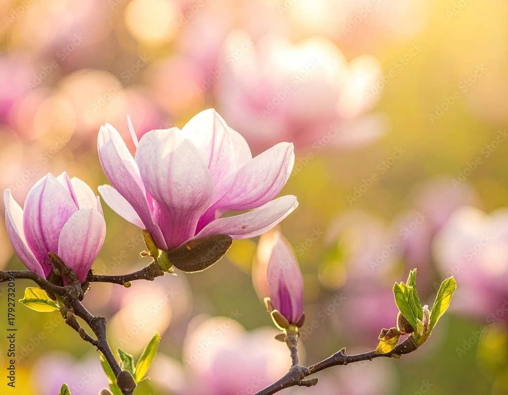 Fototapeta premium Close Up Pink Magnolia Blossoms in Sunlight