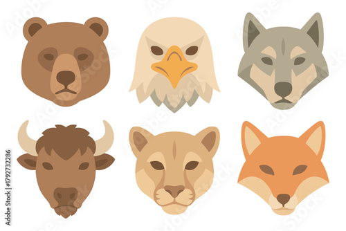 Wildlife faces collection: bear, eagle, wolf, bison, cougar, fox