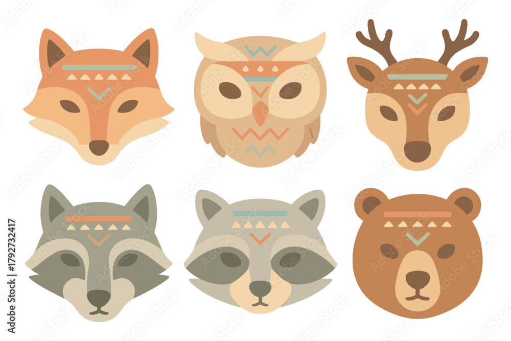 Fototapeta premium Tribal animal faces: fox, owl, deer, raccoon, bear in flat style