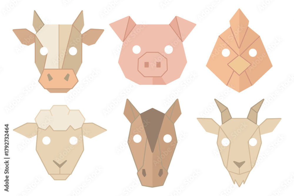 Fototapeta premium Geometric farm animal faces in origami style