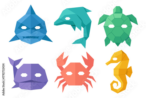 Colorful geometric sea creatures in origami style for modern design