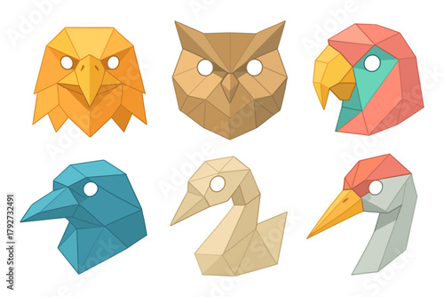 Colorful geometric origami bird faces with modern polygonal design