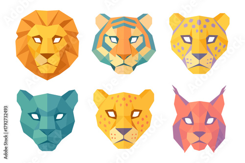 Geometric animal faces: lion, tiger, leopard, panther, lynx in vibrant polygonal style