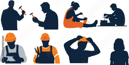 Silhouette of people working with tools and wearing hard hats — construction, repair, DIY, teamwork, craftsmanship, engineering, and skilled labor concept illustration.