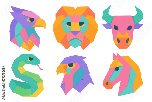 Colorful geometric animal heads: modern origami style art