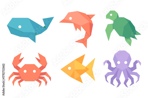 Colorful geometric sea creatures in origami style