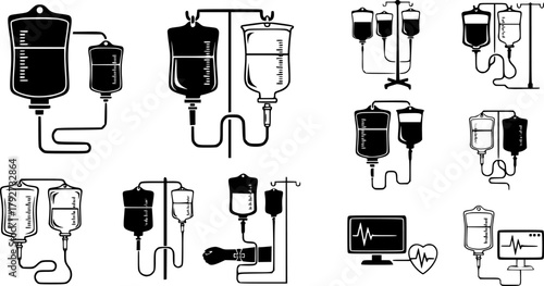 Black and White IV Drip Bags: Medical Icons and Silhouette Art
