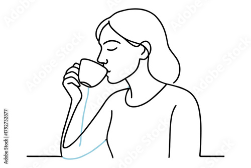 Minimalist line art of woman sipping tea in relaxed pose